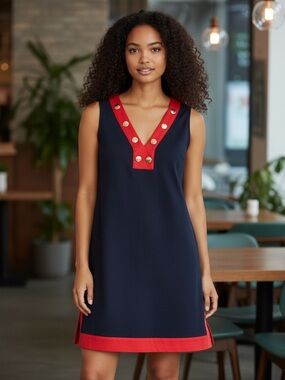 Tommy Hilfiger Navy Mini Dress with Red Trim and Silver Buttons